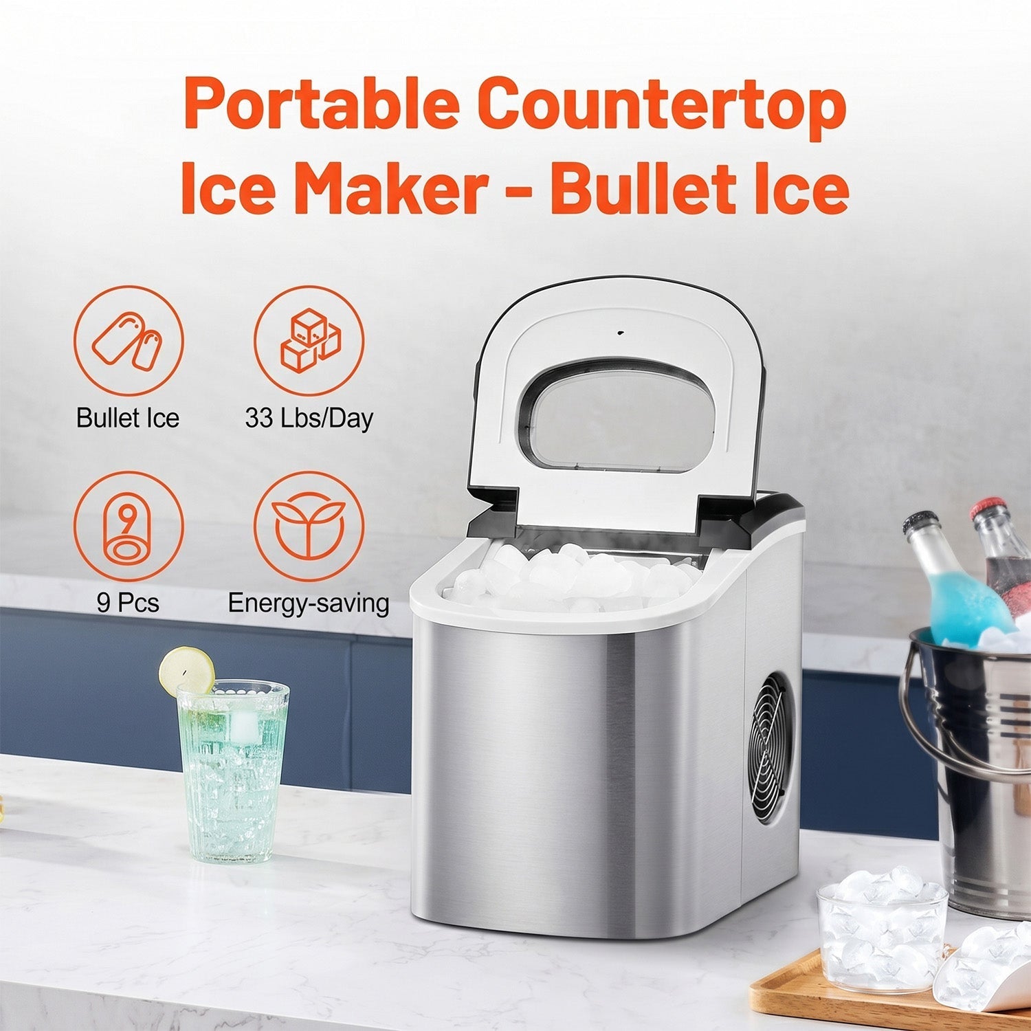 FrosTikox Countertop Ice Maker Machine 33lbs/day Output