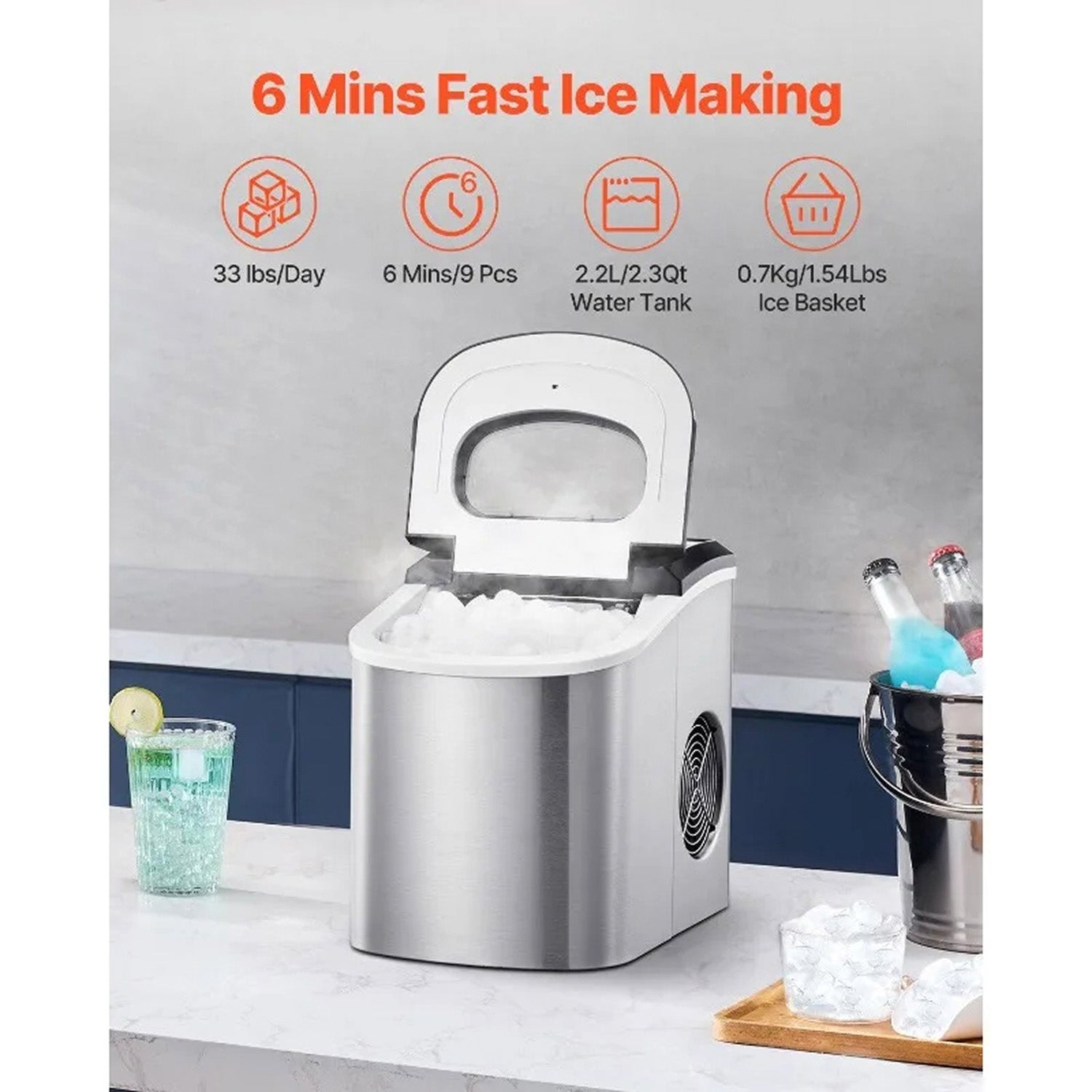 FrosTikox Countertop Ice Maker Machine 33lbs/day Output
