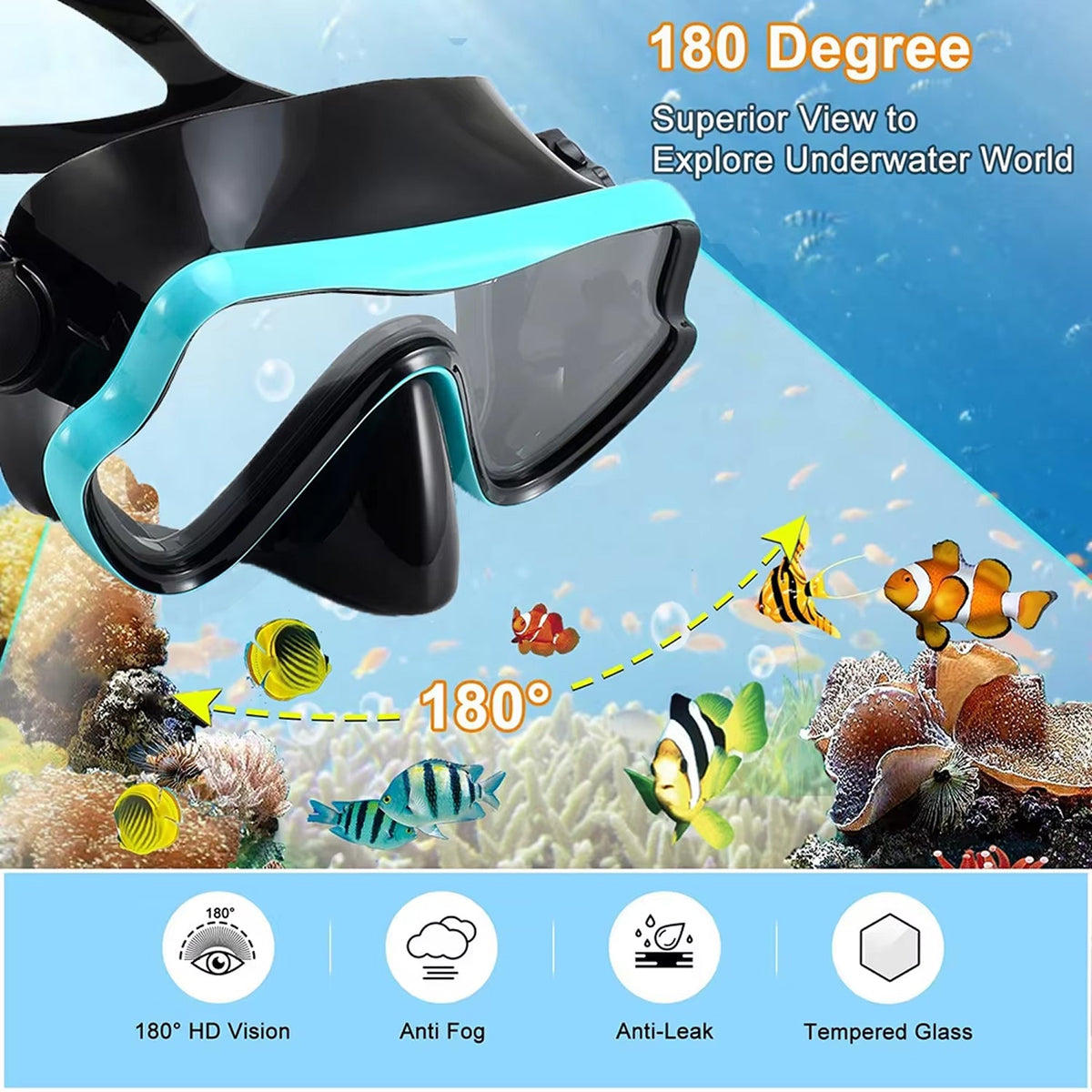 DeepBrez Panoramic Snorkel Set with Dry Top Snorkel and Adjustable Fins