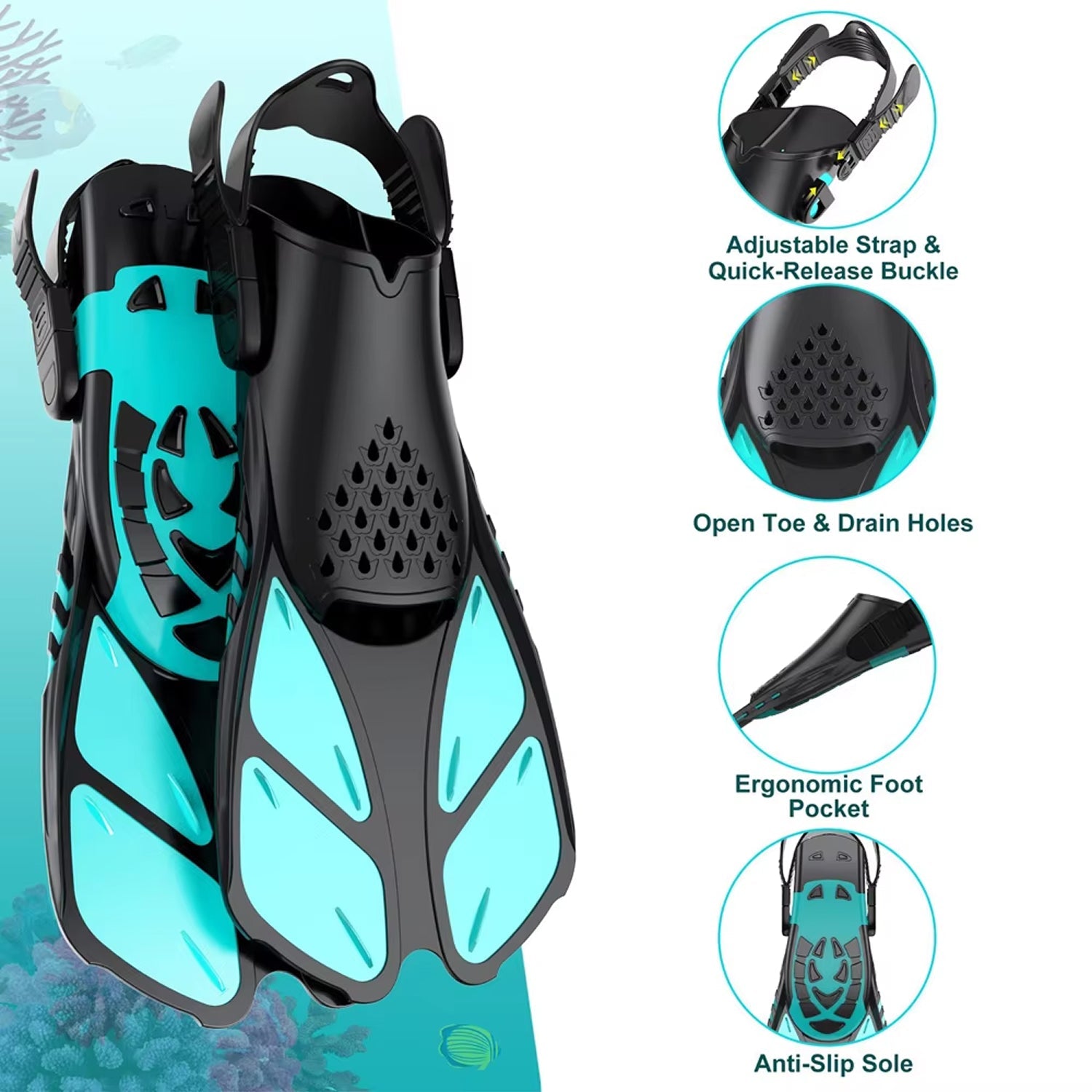 DeepBrez Panoramic Snorkel Set with Dry Top Snorkel and Adjustable Fins