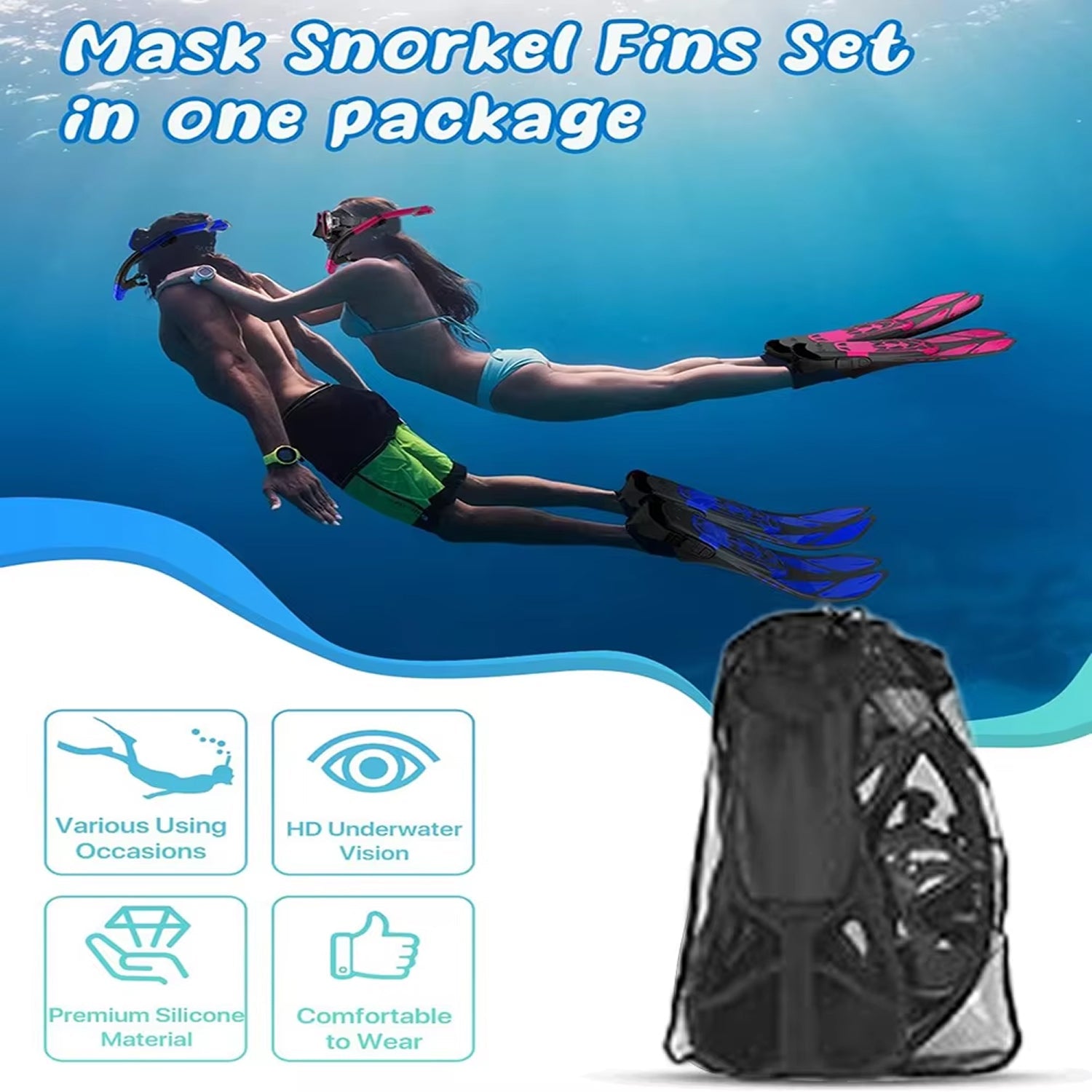 DeepBrez Panoramic Snorkel Set with Dry Top Snorkel and Adjustable Fins