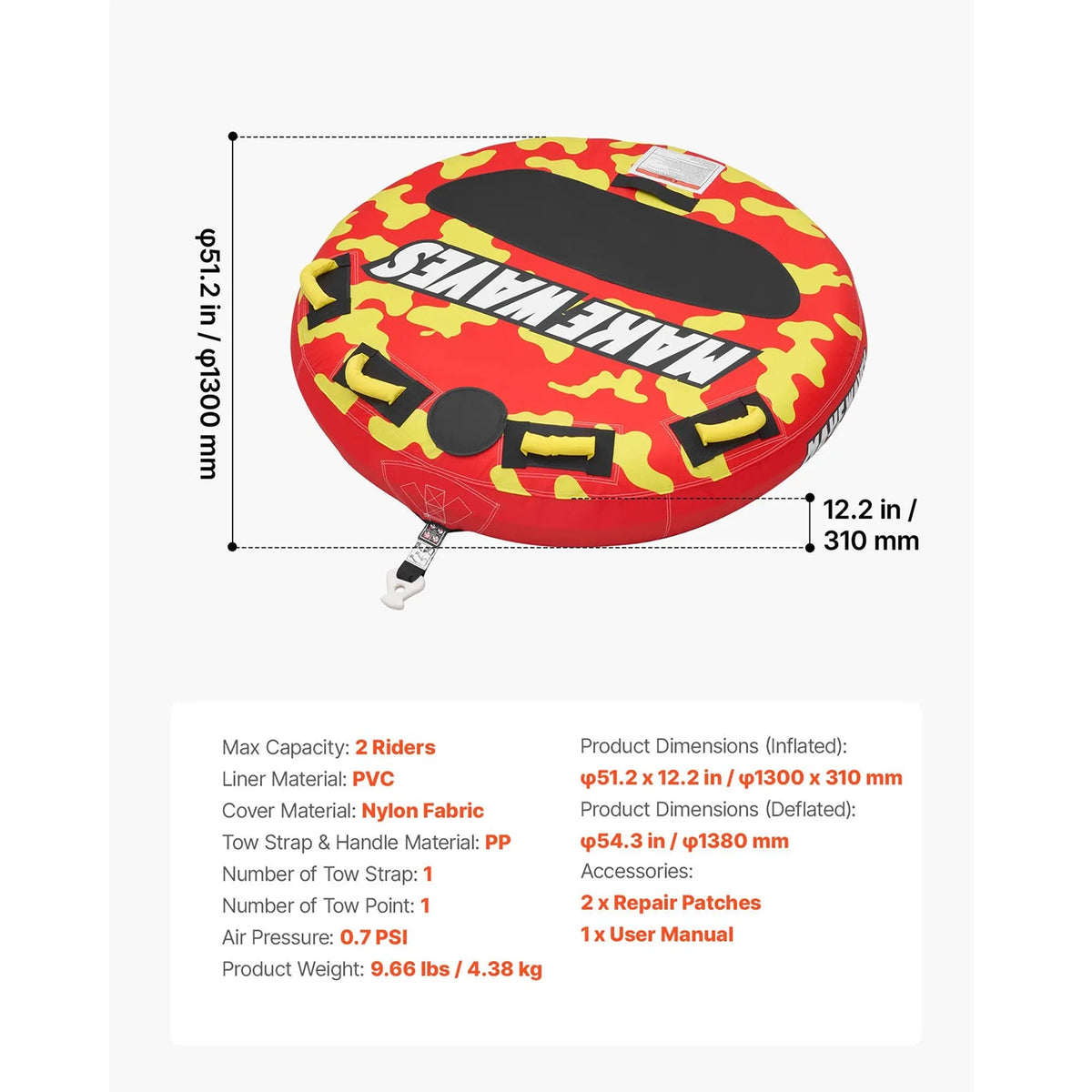 SkimFuri 2-Rider Boating Towable Tube with Anti-Slip Deck